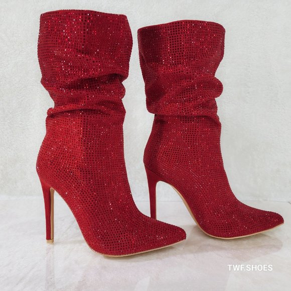 Resolve Sparkling Red Rhinestone High Heel Slouch Calf Boots New Years Bling - Picture 6 of 17